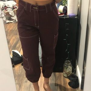 UO Cropped maroon cargo pants with white detailing